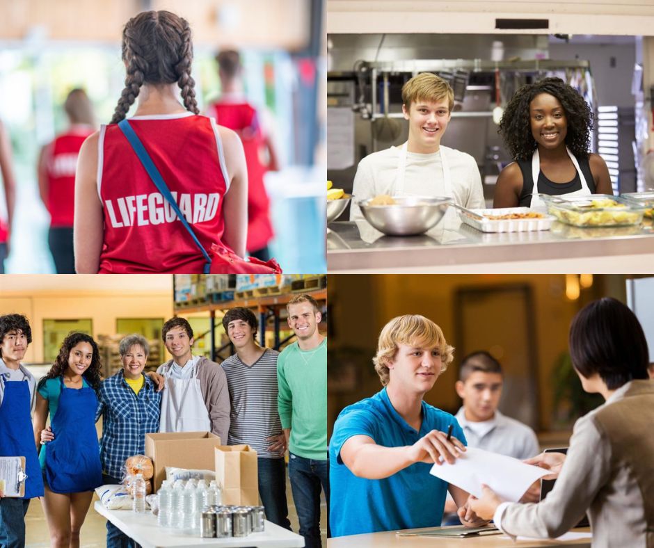 Collage of images featuring a teen lifeguard, teen filling our an application, teen food preparers, and teen caterers.