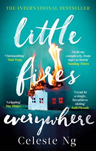 Cover of the book Little Fires Everywhere, showing a toy house on fire.