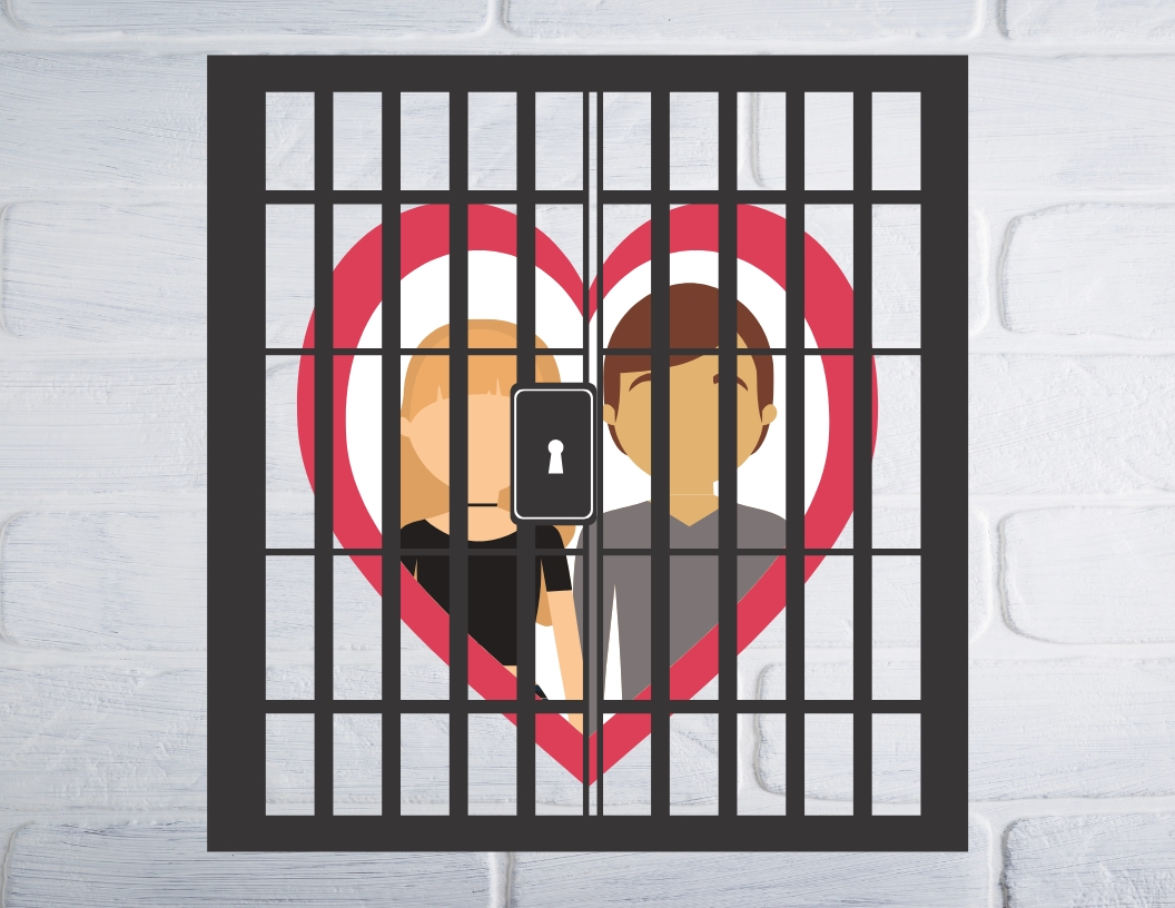 Cartoon featuring a couple behind jail bars.