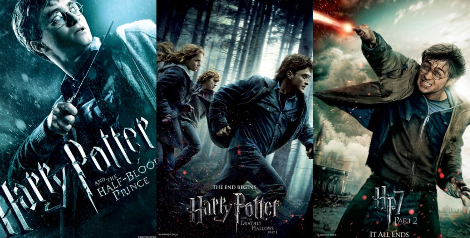 Movie covers for Harry Potter and the Half-Blood Prints and Harry Potter and the Deathly Hallows Parts 1 and 2