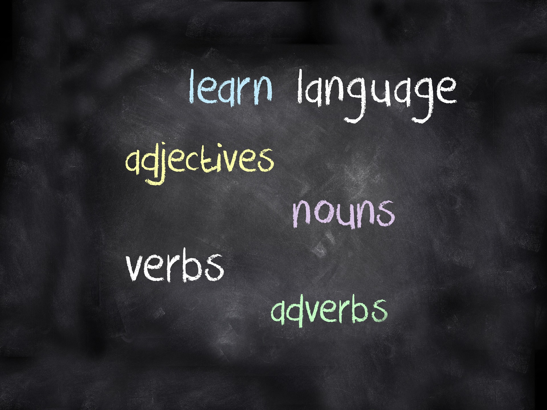 blackboard with parts of speech listed in English