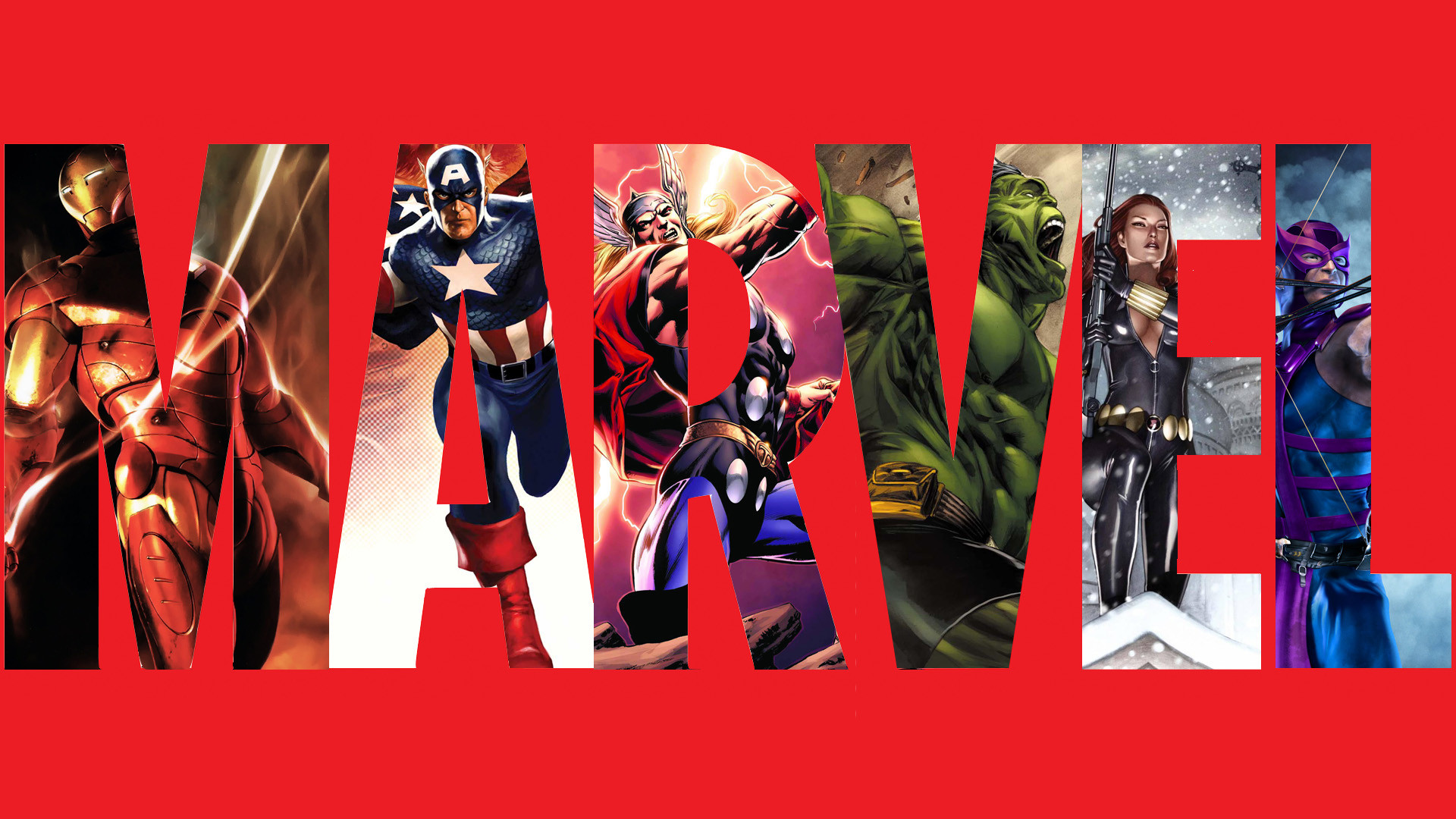 Marvel characters inside the Marvel Logo and red background.