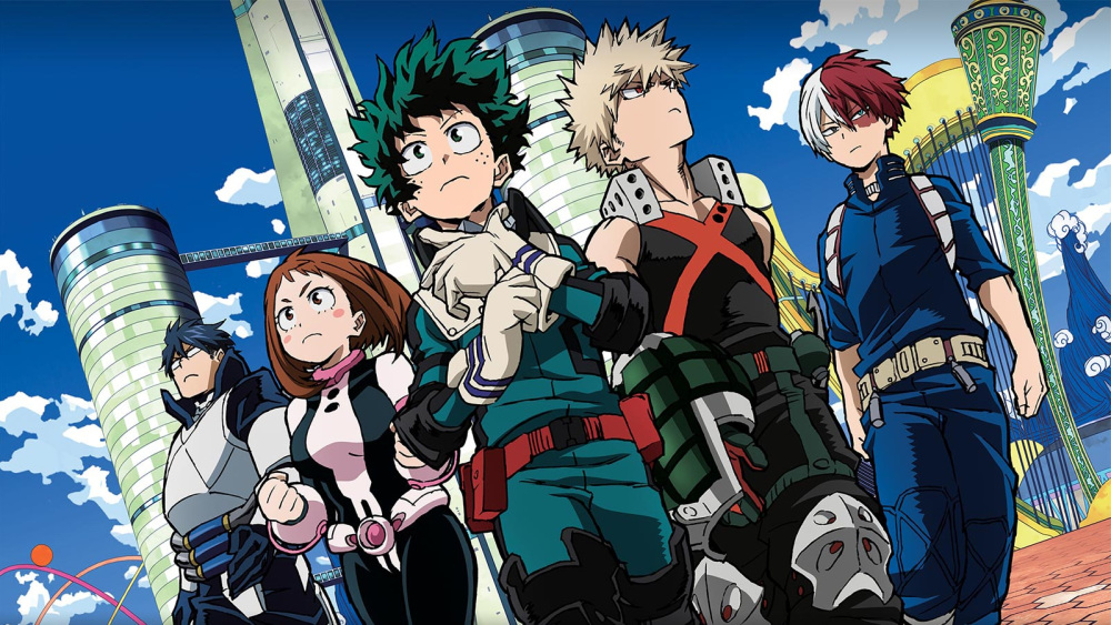Anime characters from My Hero Academia standing outside in front of buildings