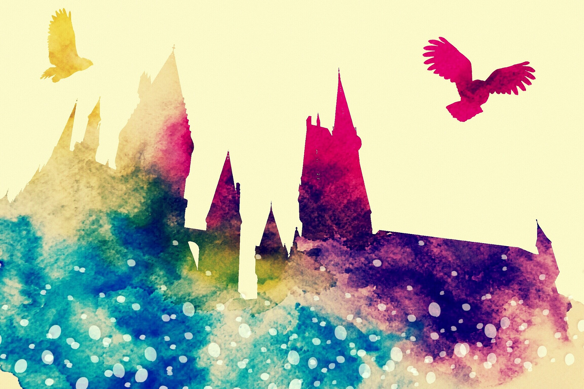 Multicolor watercolor of Hogwarts castle