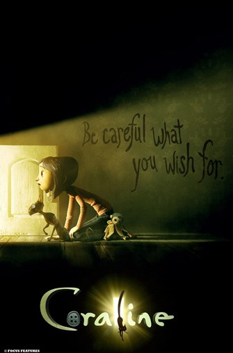 Coraline and her cat crawling through a door to the "other" world.