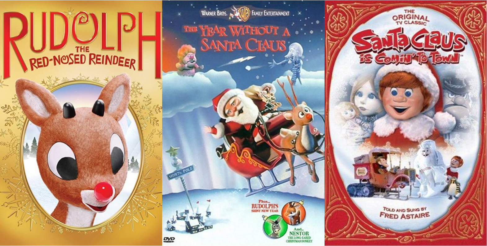 Cover images for "Rudolph the Red-Nosed Reindeer," "The Year Without a Santa Claus," and "Santa Claus is Coming to Town."
