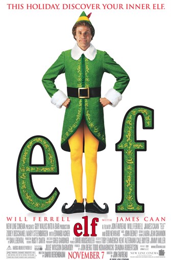 Will Ferrell plays Buddy the Elf in a green Elf outfit with Yellow stockings.