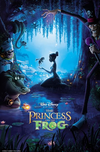 A girl dressed as a princess holding a frog in a swamp in front of a bayou background with friends and villains hiding on the side.
