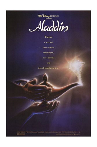 Image of "Aladdin" animated movie cover, a hand holding a magic lamp