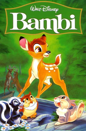 Image of "Bambi" cover, a deer, skunk, owl, and rabbit in the foreground and two stags in the background.