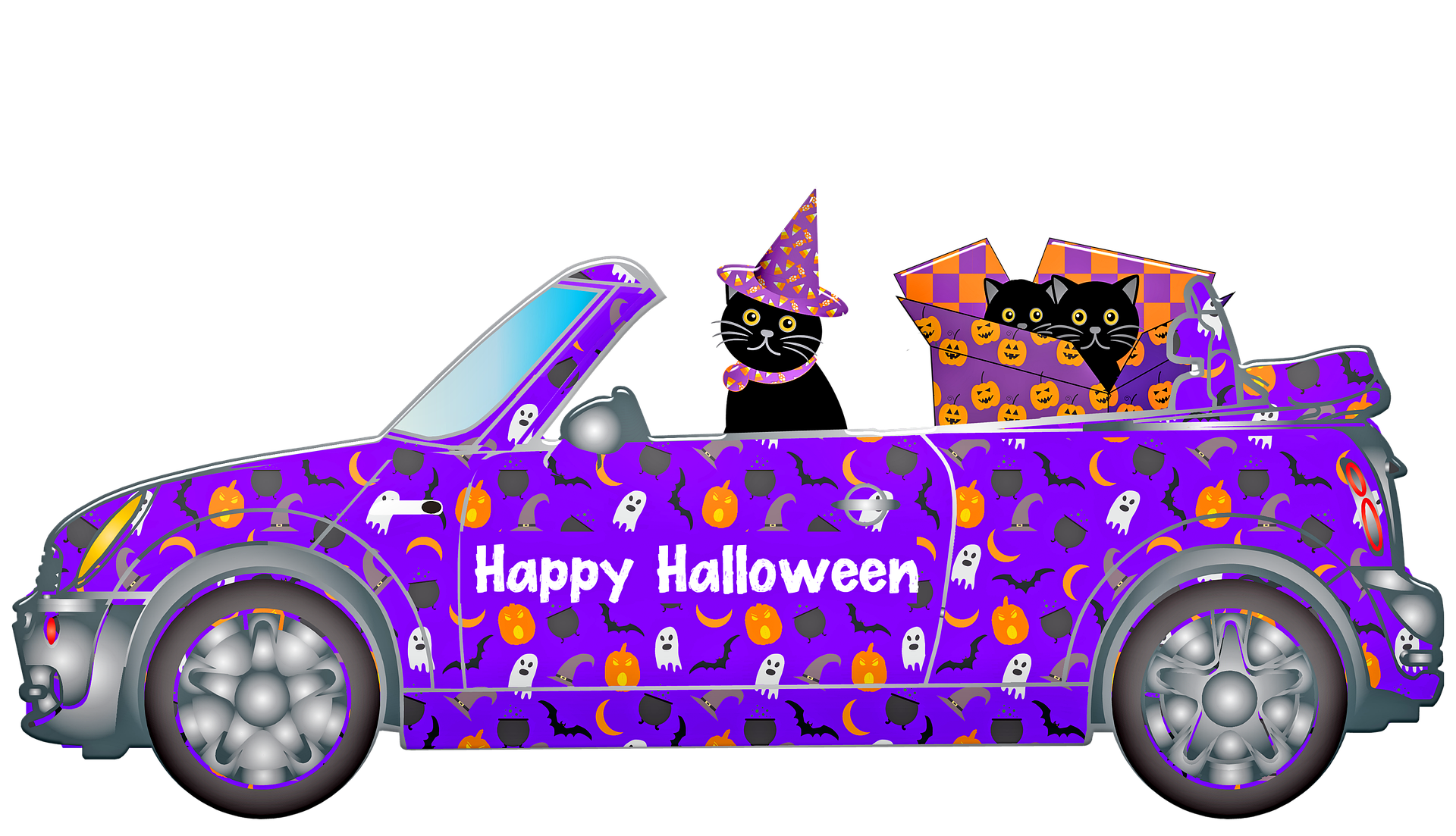 Image of a purple car decorated for Halloween with three cats riding in it.