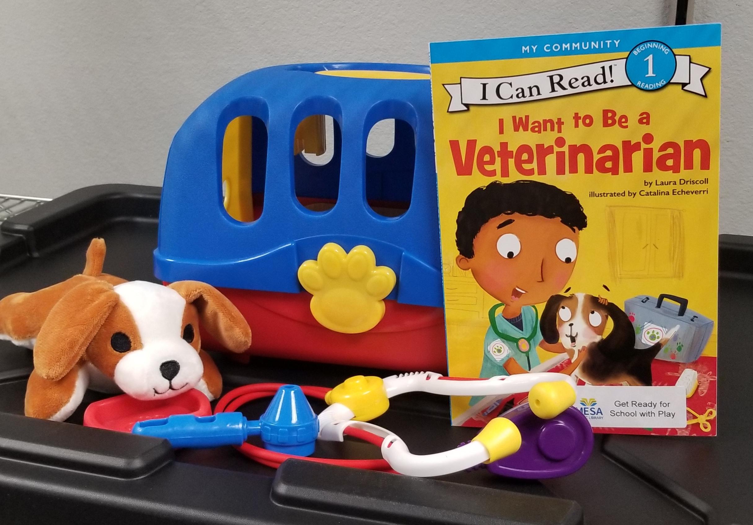 Toy veterinarian kit with copy of "I Want to be a Veterinarian"