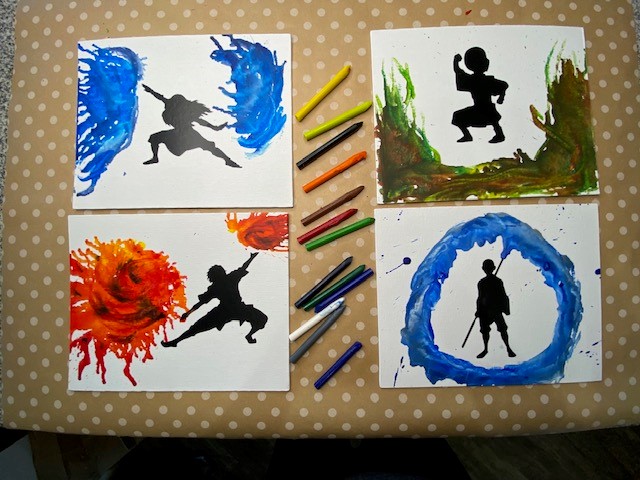 Avatar melted crayon art, displays Water, Earth, Fire and Air with crayons in the middle.