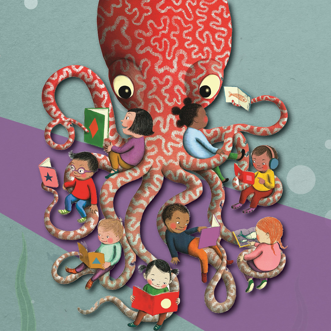 Red octopus with 8 kids sitting on it's tentacles reading books
