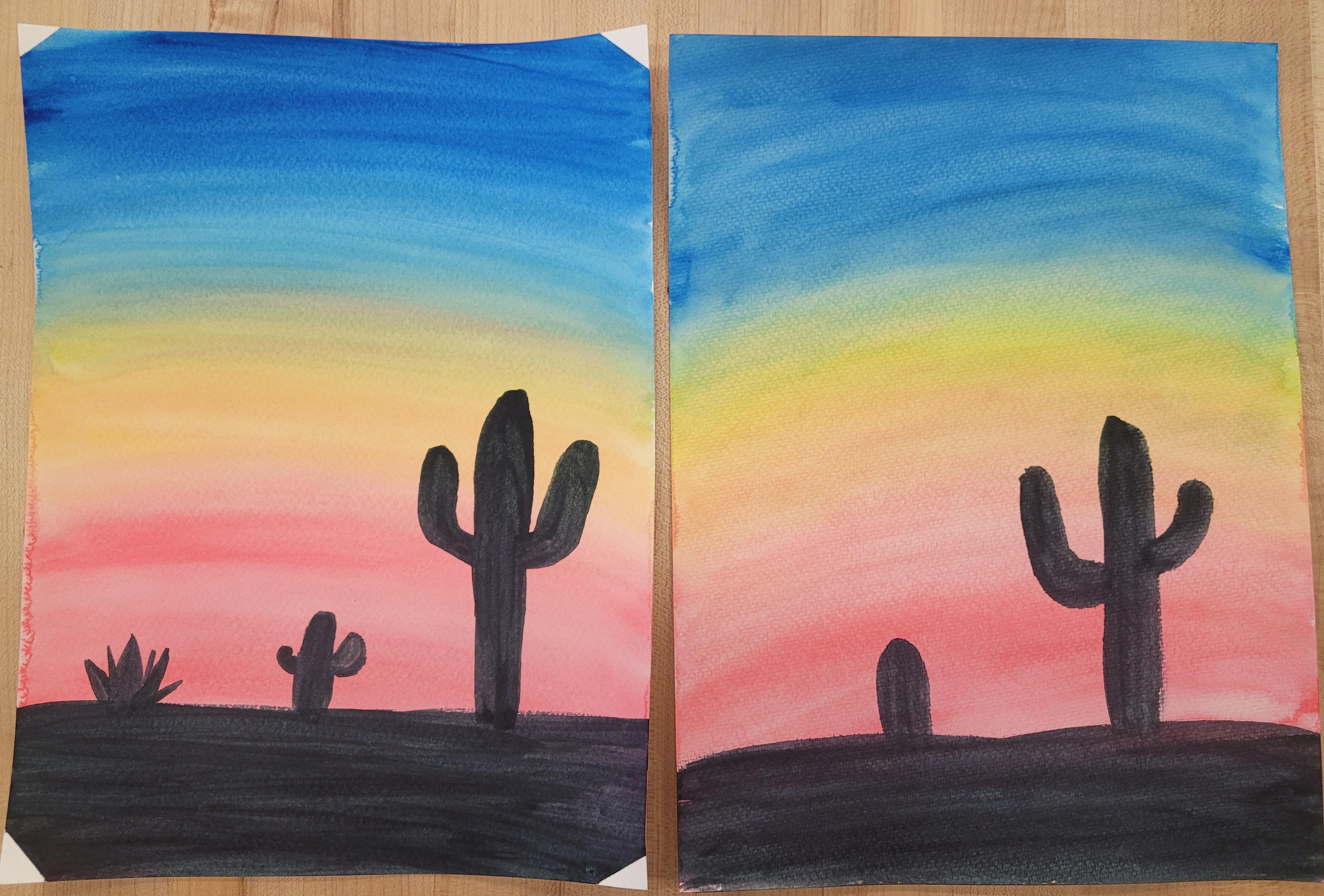 two watercolor images of a dusk sunset. one picture has two cacti and a bush while the other has two cacti.