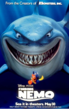 DVD cover of Finding Nemo film show Nemo and a giant shark with creepy, toothy grin.