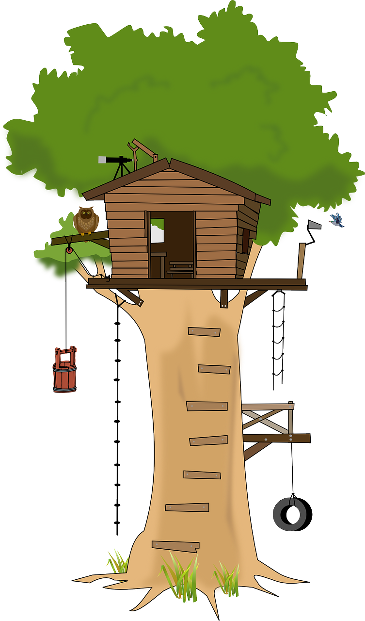 A treehouse with a tire swing, rope swing, and rope ladder.