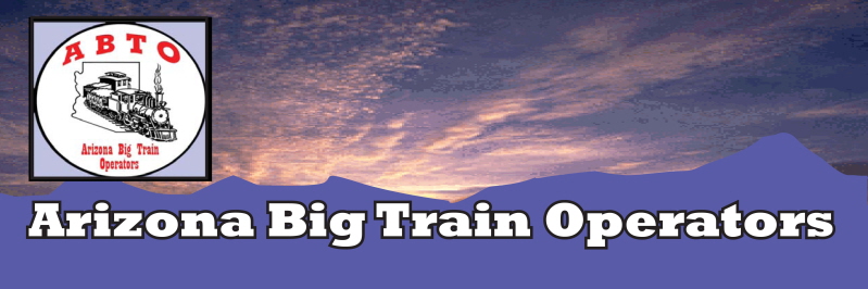 Arizona Big Train Operator logo against a sunset sky over mountains.