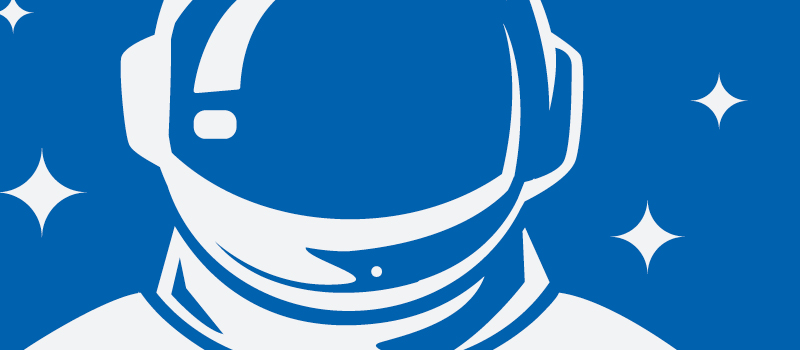 blue and white graphic of an astronaut in space with stars all around