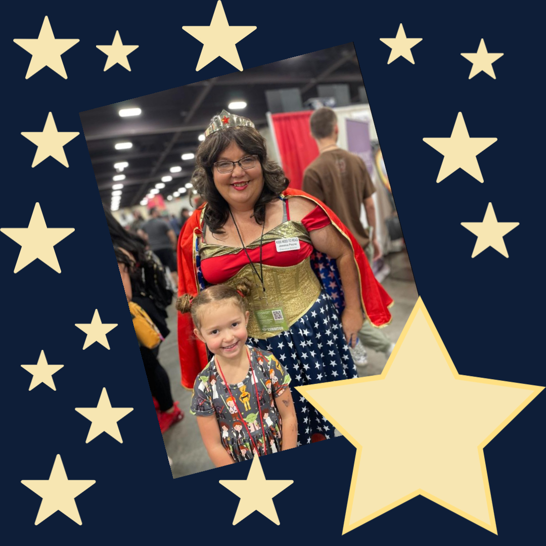 Female superhero and child surrounded by stars