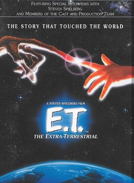  VHS cover of the film, ET The Extra-Terrestial with ET's and Elliott's fingers touching overt the Earth.