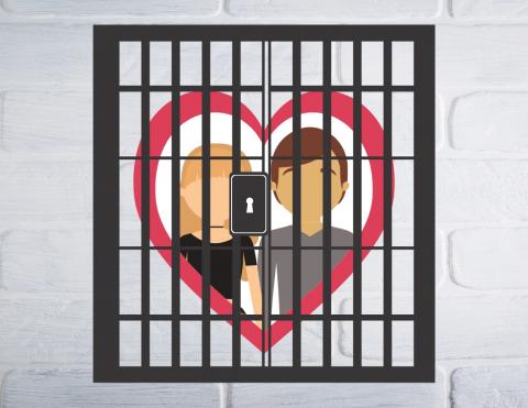 Cartoon featuring a couple behind jail bars.