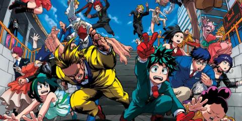 Characters from My Hero Academia sprinting to win