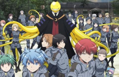 The students of class 3E surround their homeroom teacher, Koro-sensei, a powerful monster sent to destroy the earth.