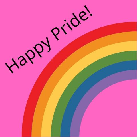 pink background with rainbow and black text that says happy pride!