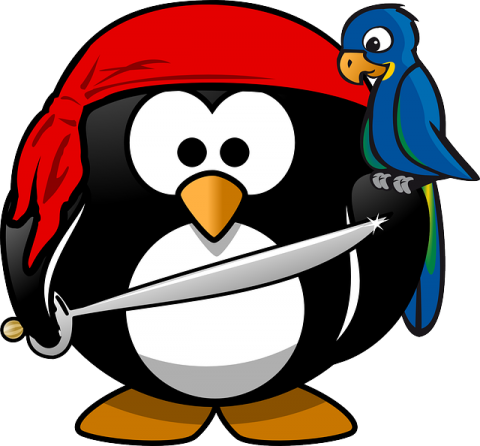 Penguin wearing a pirate hat carrying a sword with a blue parrot on shoulder