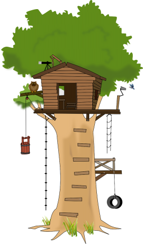 Tree house with tire swing, ladder, and pulleys