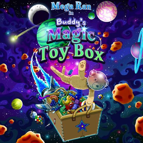 Toy box flying through space with toys all around