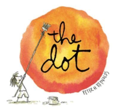 Cover of the Dot book by Peter Reynolds.  Child painting large orange dot.