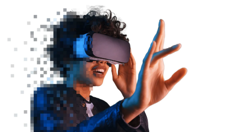 Woman reaching out into space while wearing a VR headset.