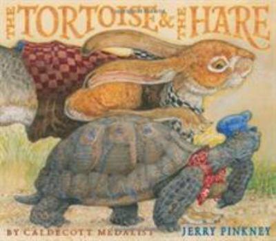 Long eared brown rabbit with a red plaid shirt and a grey tortoise with a blue Hat and red scarf walking on a dirt road.