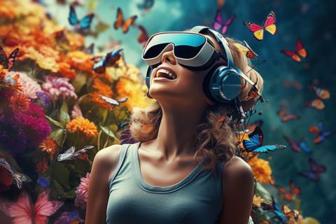 Adult blonde woman wearing virtual reality goggles and smiling while looking at flying butterflies all around her
