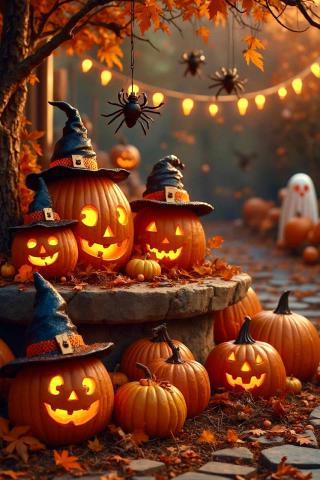 Fall scene with jack-o-lanters wearing witch hats, fall leaves, and garlands