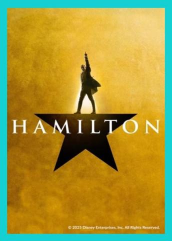 Hamilton movie poster.  Hamilton is in large, white lettering with a black, five-pointed star behind it.  The top point being Hamilton, his arm up in the air and his index finger pointing up.