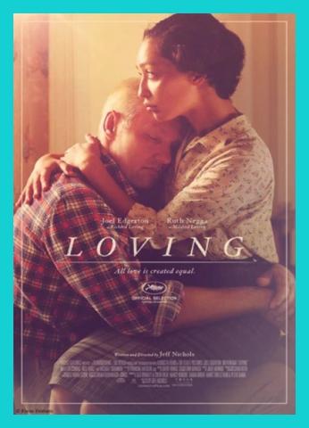 Loving (2016) movie poster of an African-American female sitting in the lap of a white male, arms wrapped around one another.