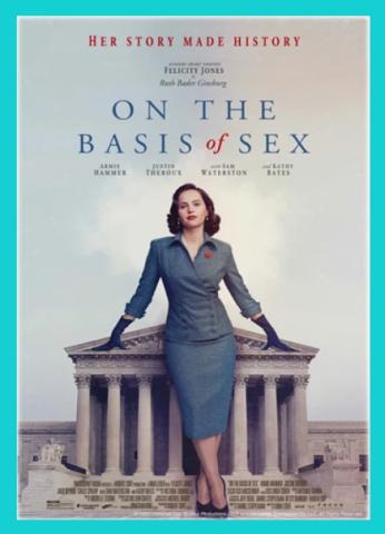 On the Basis of Sex movie poster of a young white woman leaning on the Supreme Court building.