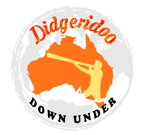 Orange Australia shape with the Words Didgeridoo Down Under around the Austrailian shape