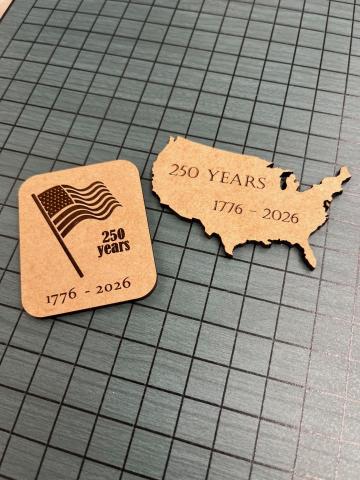 wooden rectangle and outline of USA with patriotic images