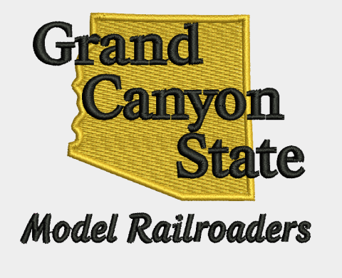 Grand Canyon State Model Railroaders with gold silhouette of the State of Arizona in the background.