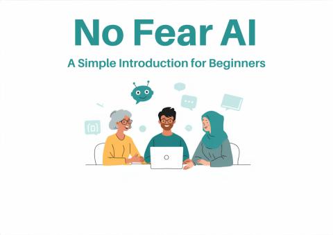 No Fear AI with a senior woman, a young man and young woman sitting behind a computer with quote bubbles and cute robot hovering in the scene.