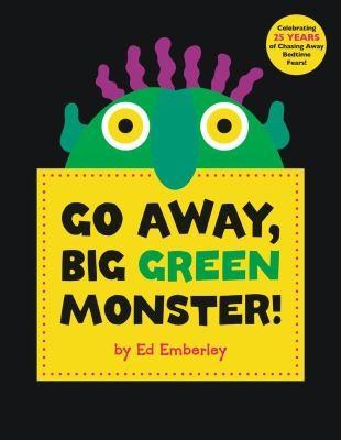 Black cover with a green monster, purple squggly hair and large yellow eyes. Titled Go Away, Big Green Monster