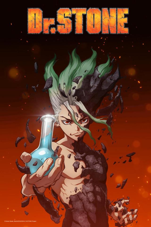 Character, Senku breaking out of stone and holding a science vile.