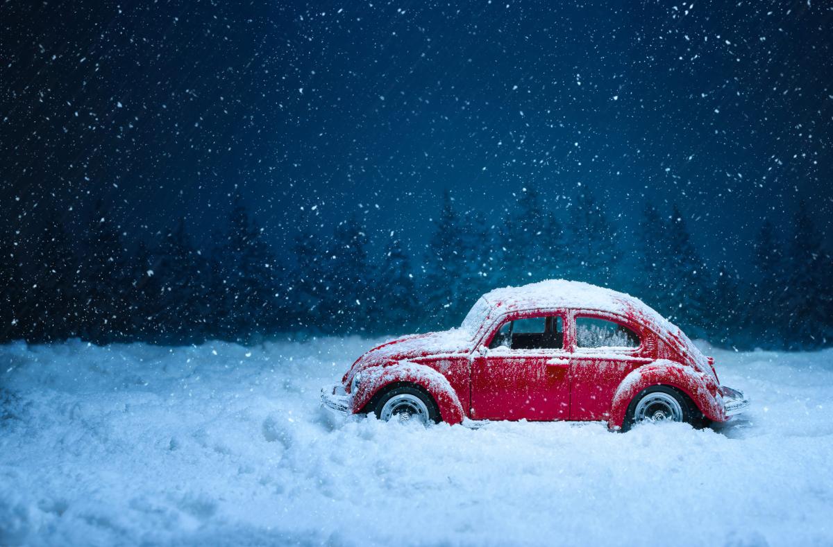 Toy VW Beetle in fake snow