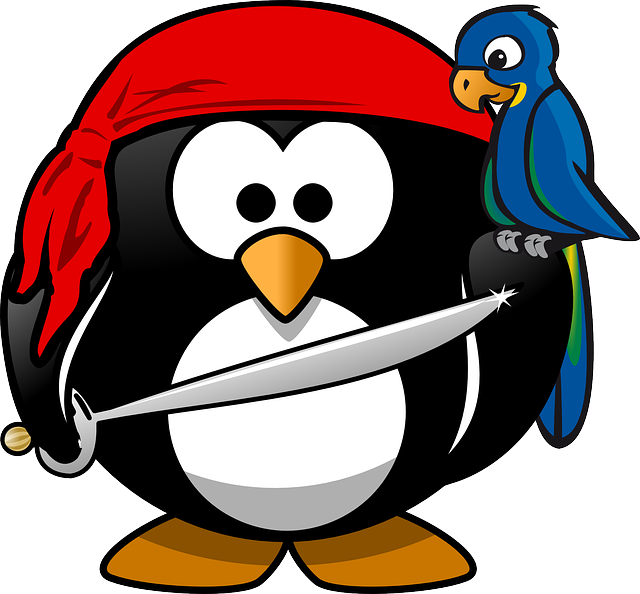 Penguin wearing a pirate hat carrying a sword with a blue parrot on shoulder