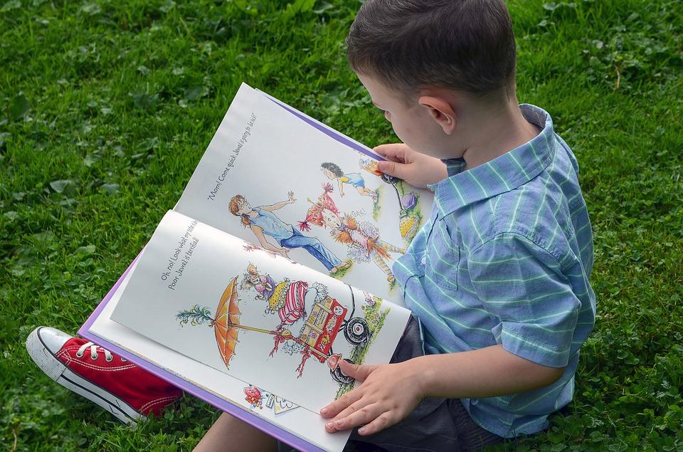 Boy reading in the grass