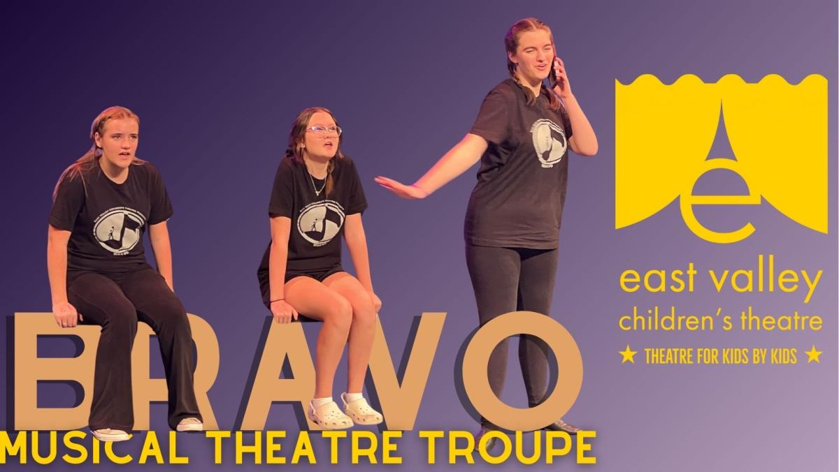 3 teen girls acting in a play, with the East Valley Children's Theatre's logo to the right.